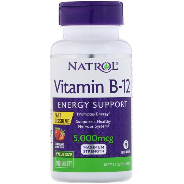 Natrol Vitamin B-12 Fast Dissolve Maximum Strength Strawberry 5,000 mcg 100 Tablets